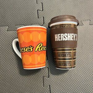 Reese’s Coffee Mug & Hershey’s Travel Mug W/ Lid Candy Brand Lot of 2
